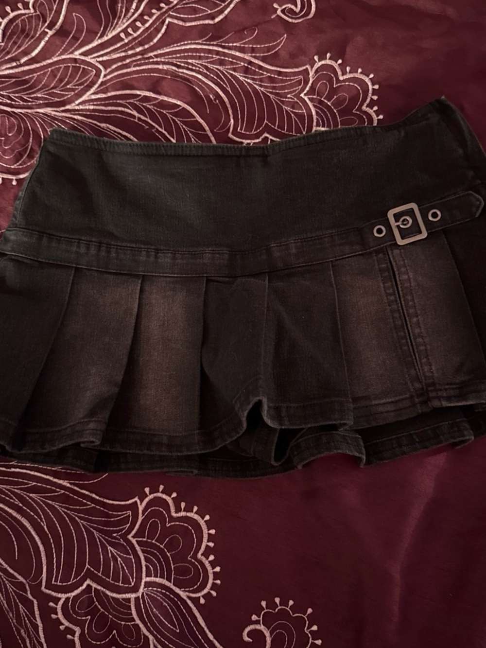 Black Pleated Mini Skirt with Buckle Detail
